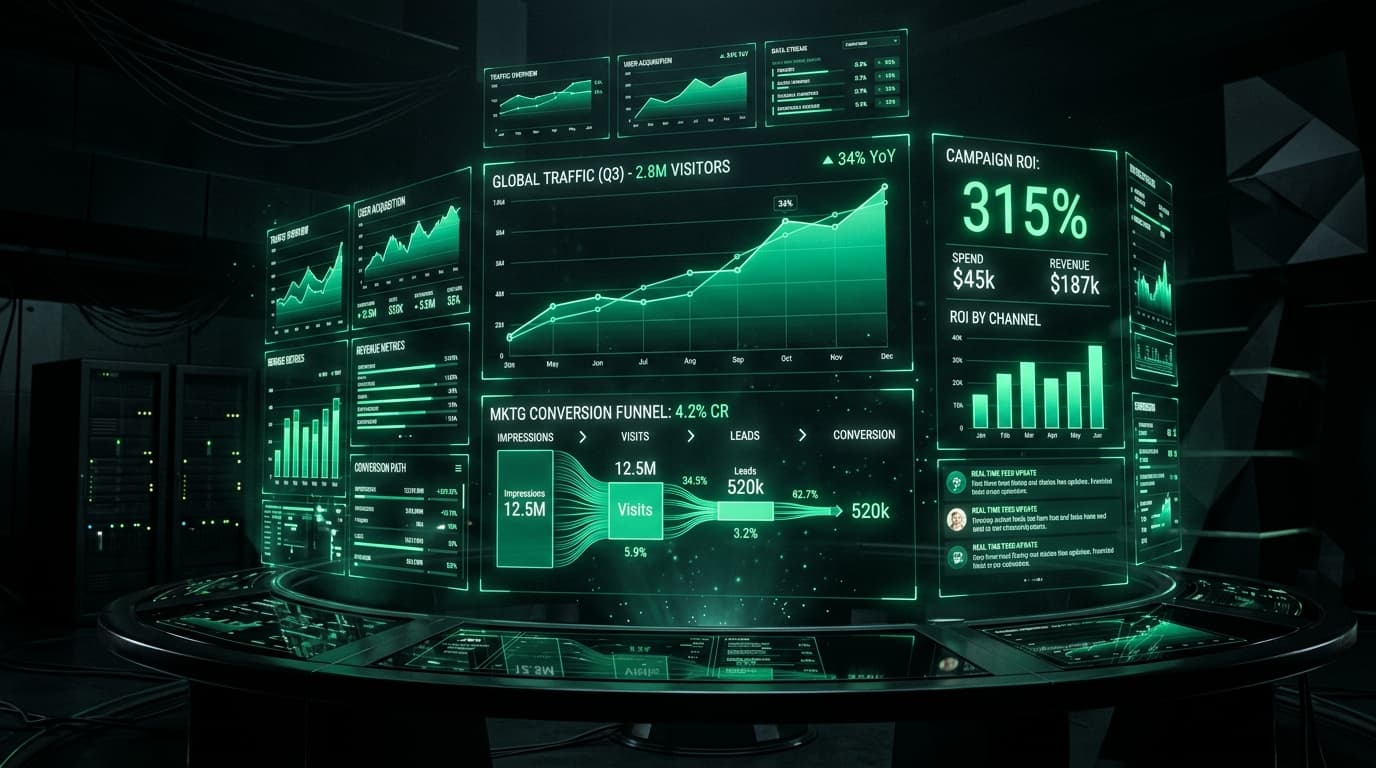Digital marketing command center with holographic analytics dashboards