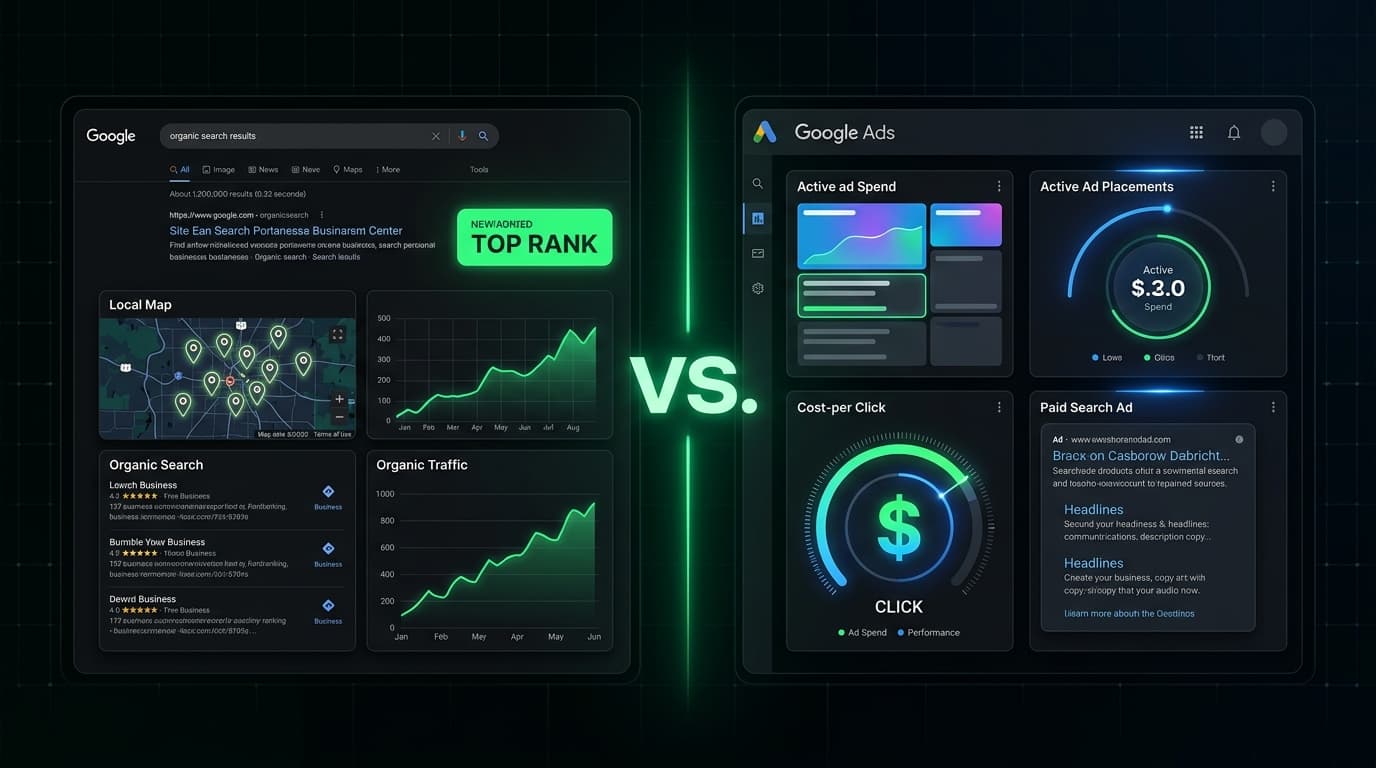Local SEO vs Google Ads side-by-side comparison dashboard